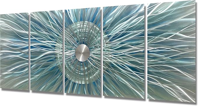 BATRENDY ARTS Abstract Metal Wall Art Aqua and Silver Aluminium Painting Modern 3D Teal Sculpture for Livingroom Bedroom