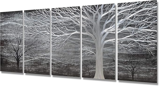 BATRENDY ARTS Black and Silver Tree Metal Art Hand-polished Wall Decor 3D Modern Home Accent for Bedroom Decoration 5 Panels Hanging Scuplture
