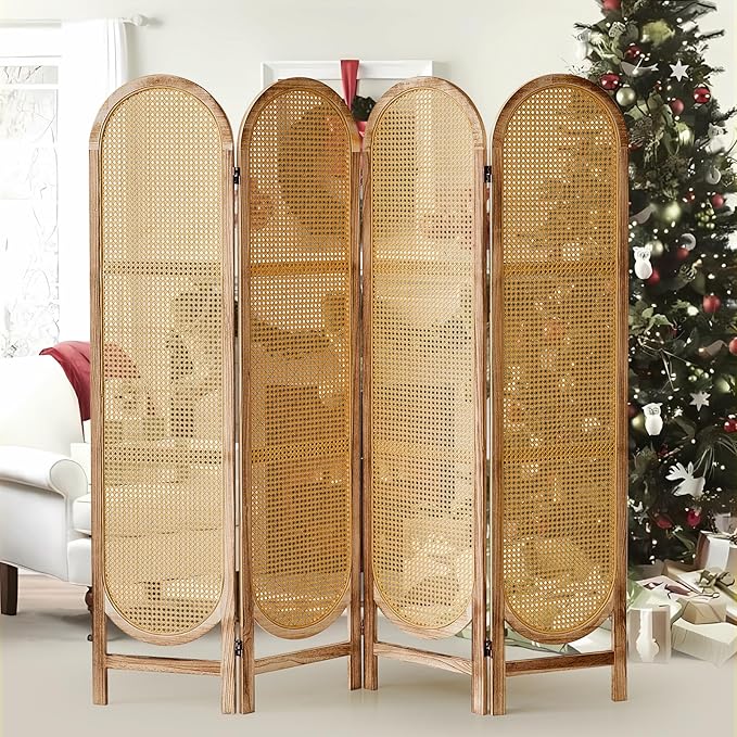 4 Panel Room Divider 5.6 Ft Hand-Woven Rattan Room Divider Screen, Foldable Wood Folding Privacy Screens with Double Hinges, Wall Divider for Room Separation Bedroom Home Office - Natural