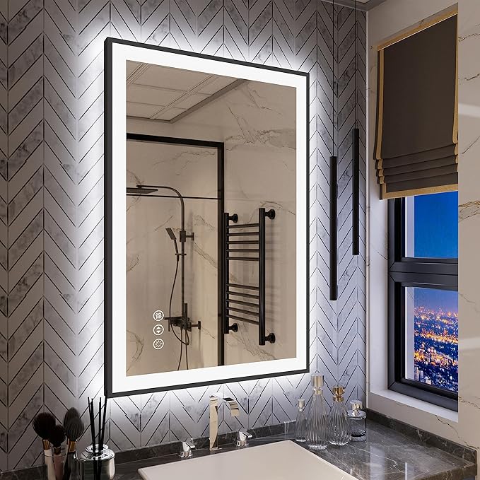 LED Bathroom Mirror 24x36 with Backlit and Front Lighted, Framed Dimmable Illuminated Mirror for Wall Anti-Fog Shatterproof (Horizontal/Vertical)…