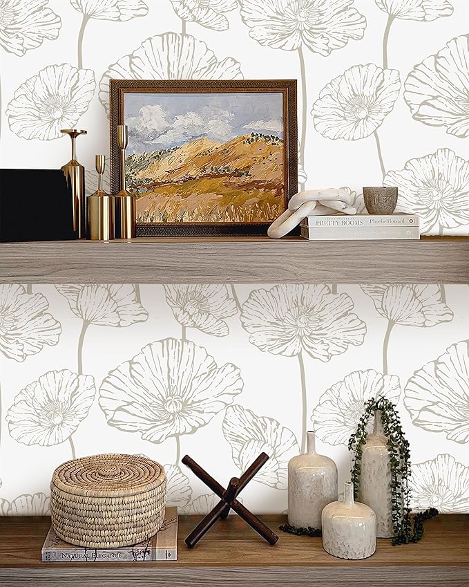 Orainege Peel and Stick Wallpaper Beige and White Floral Wallpaper 17.3inx393.7in Self Adhesive Contact Paper Removable Decorative Wall Paper for Bedroom Bathroom Cabinets Decor Vinyl