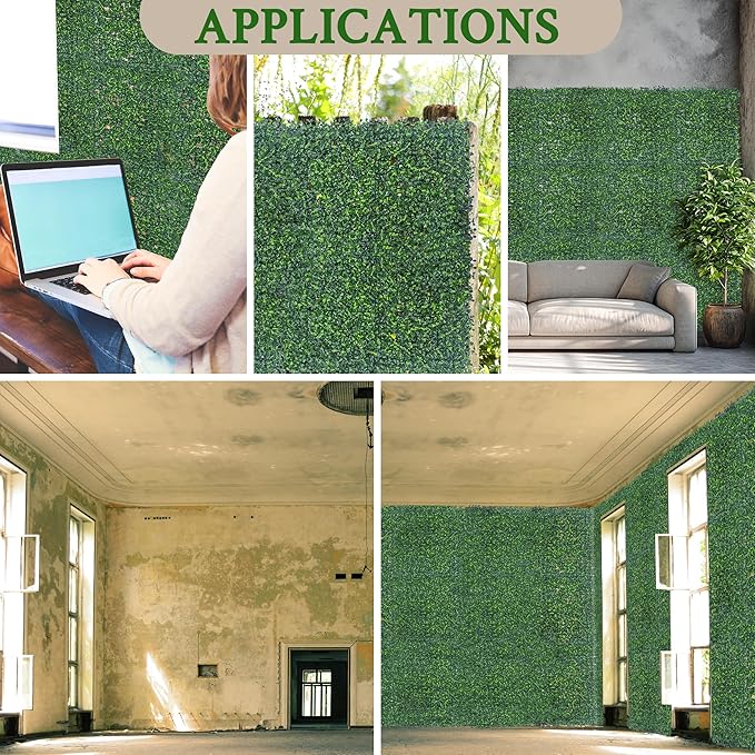 Artificial Boxwood Grass Wall Backdrop: 24 X 16 in 24P (64 sqft) UV-Anti Faux Plants Vine Privacy Fence Screen for Indoor & Outdoor Green Wall Decor and lvy Wall Privacy Coverage.