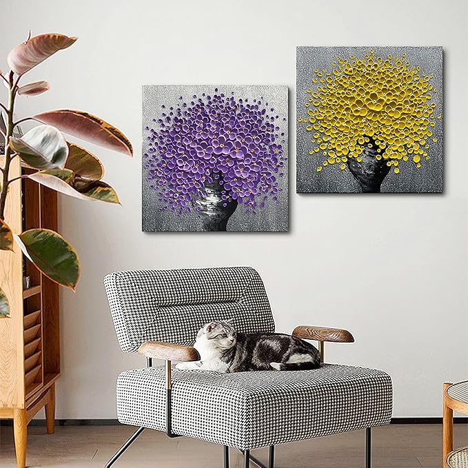 24x24 Hand-Painted Purple Flowers 3D Abstract Decorative Paintings, Wall Decorative Frame Wall Art, Modern Art Living Room Bedroom Office Hotel and Restaurant Wall Art