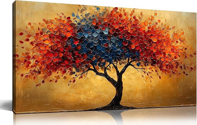 CANEITO Tree Wall Art for Living Room, Red Blue and Gold Wall-Decor for Bedroom, Natural Canvas Prints Pictures for Hallway Office, Size 40x20 Inches