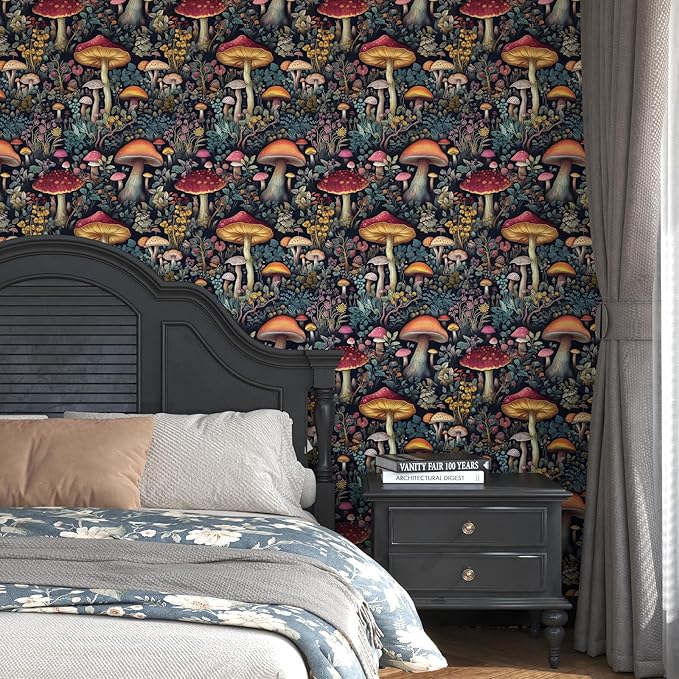 Black Colorful Mushroom Contact Paper Floral Wallpaper Peel and Stick Vintage Wall Paper for Backsplash Kitchen Cabinet Removable Waterproof 17.5 x 118In