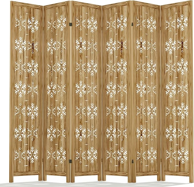Casaphoria 6 Panels Room Divider, Folding Screen Room Divider with Snowflake Pattern for Home Office, Restaurant and Bedroom, Paulownia Wood, 95" W x 67" H (Natural)