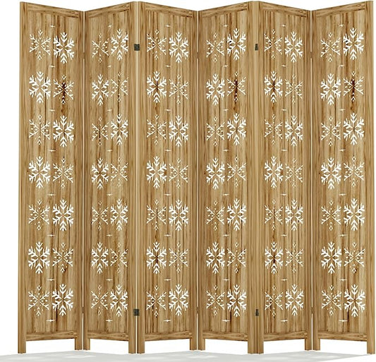Casaphoria 6 Panels Room Divider, Folding Screen Room Divider with Snowflake Pattern for Home Office, Restaurant and Bedroom, Paulownia Wood, 95" W x 67" H (Natural)