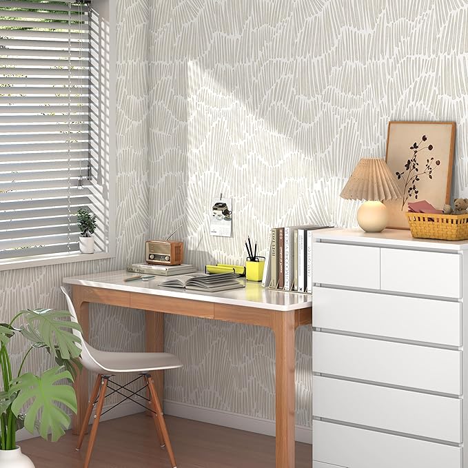 Beige Modern Striped Wallpaper Peel and Stick Boho 17.3"×275" Removable Self Adhesive Wallpaper for Bedroom Waterproof Wall Paper Vinyl White and Gold Contact Paper