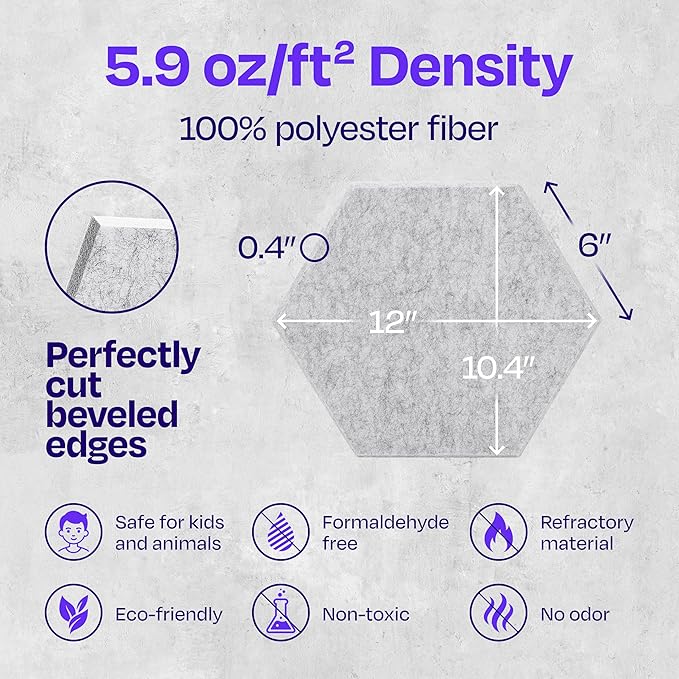 Acoustic Panels 12-Pack Soundproof Wall Panels 12"X10.4"X0.4" Sound Panels High Density Sound Dampening Panels - [Smoky White Hexagon]