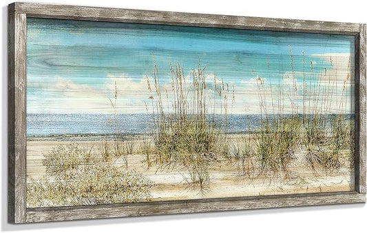 Beach Framed Wooden Wall Art: 48"x24" Coastal Theme Painting Ocean Artwork Seaside Sand Dunes Picture Prints for Home Decor