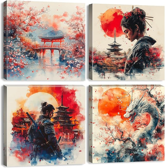 Japanese Wall Art Vintage Abstract Warrior Armored Geisha Canvas Pictures for Living Room Nature Landscape Oriental Posters Asian Dragon Japan Wall Decor Bedroom Office Home Decorations 12x12" 4 Pcs