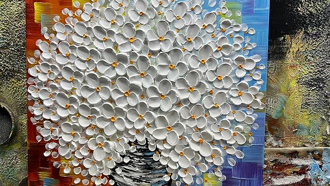 3D White Flower Bouquet Canvas Wall Art, Modern Textured Painting, Colorful Abstract Background, 30x30 inches
