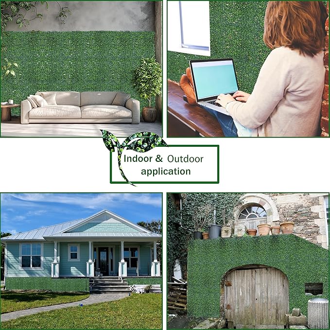 Artificial Boxwood Hedge Wall Panels, 24 X 16 in 12P UV-Anti Faux Greenery Vine Grass Wall Backdrop for Indoor Outdoor Green Plant Wall Decor & Ivy Fence Covering Privacy