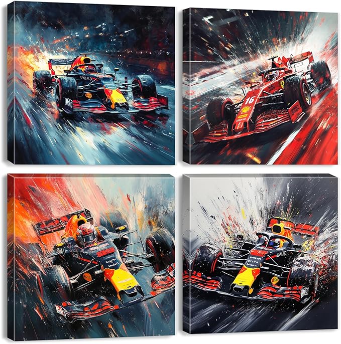 Abstract Supercar Wall Art for Man Cave Colorful Formular Car Pictures Cool Boys Bedroom Posters Black and White Cyberpunk Vehicle Canvas Prints Sport Artwork Playroom Office Home Decoration 20x20" 4P