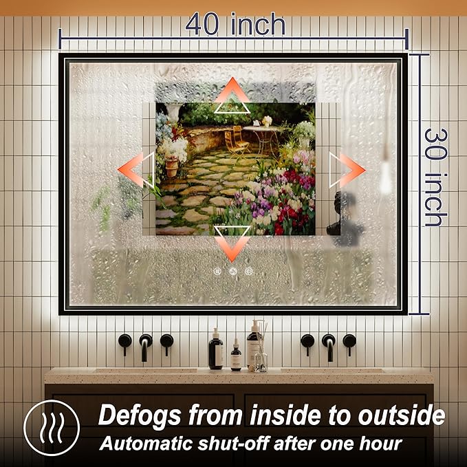 40x30 Inch Black LED Bathroom Mirror with Front and Back Lights, Adjustable 3000K/4500K/6000K, Wall-Mounted Framed Lighted Bathroom Vanity Mirrors, Anti-Fog, Dimmable, Horizontal/Vertical