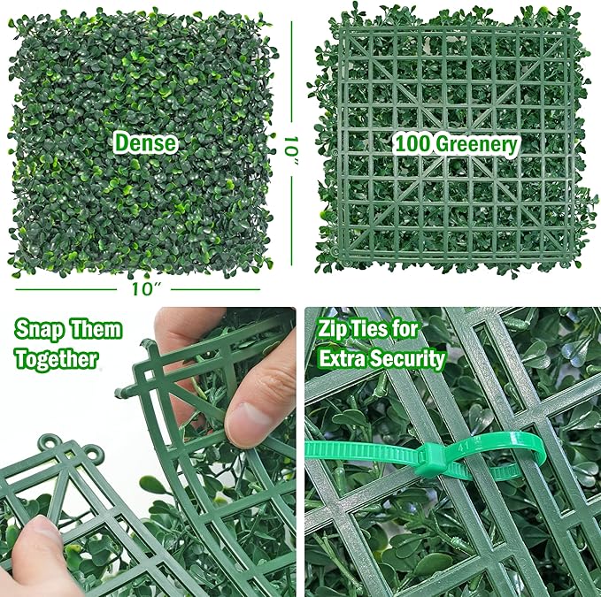10x10Inch 8Pcs Grass Wall Panels, 4 Layers UV-Anti Boxwood Greenery Hedge with 50 Zip Ties, No Odor Artificial Fake Grass Backdrop for Indoor Outdoor Privacy, Birthday Wedding Decor, 5.6 SQ FT