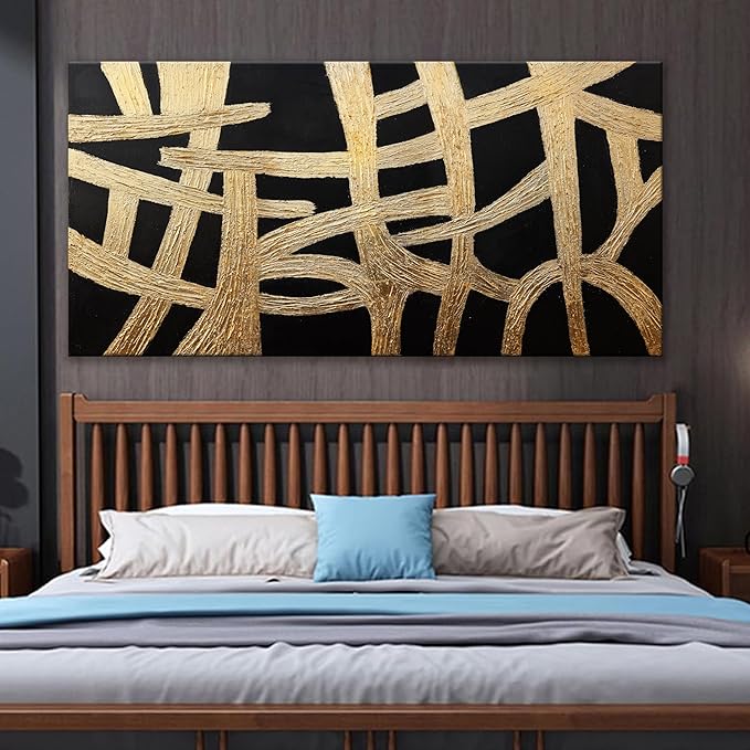 Abstract Wall Art Paintings Wall Decor Large Canvas Wall Art Decor Black And Gold Lines Texture Wall Art Decor Artwork Modern Minimalist Wall Art For Living Room Bedroom Office Wall Decor 29"X58"