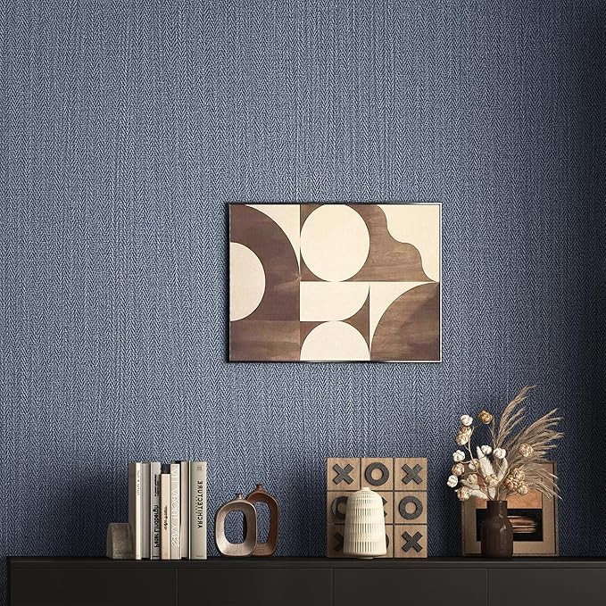 24"x393" Navy Blue Grasscloth Peel and Stick Fabric Textured Contact Paper Linen Popular Wallpaper Vintage Matte Frosted Waterproof Flax Wallpaper for Bedroom Bathroom Kitchen (Dark Blue)