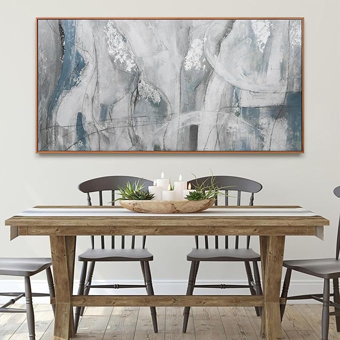 Large Abstract Wall Art For Living Room Hanging Decor Grunge Room Home Wall Decor Silver Blue Canvas Art Wall 29" X 58" With Framed Painting White Wall Art For Bedroom Home Office