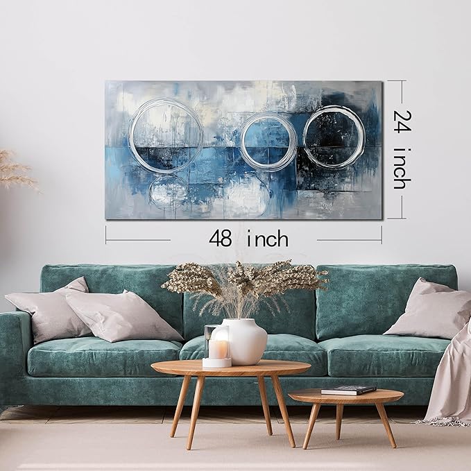 AOZEMI Abstract Wall Art Large Blue Picture Wall Decor Grey and White Circle Modern Artwork Art for Living Room Office 24"x 48"