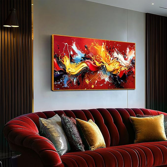 Ouzzlie Red Wall Art Gold Wall Decor Colorful Pictures Azure Blue Abstract Wall Art Decor 24"x 48" in Wall Paintings for Living Room