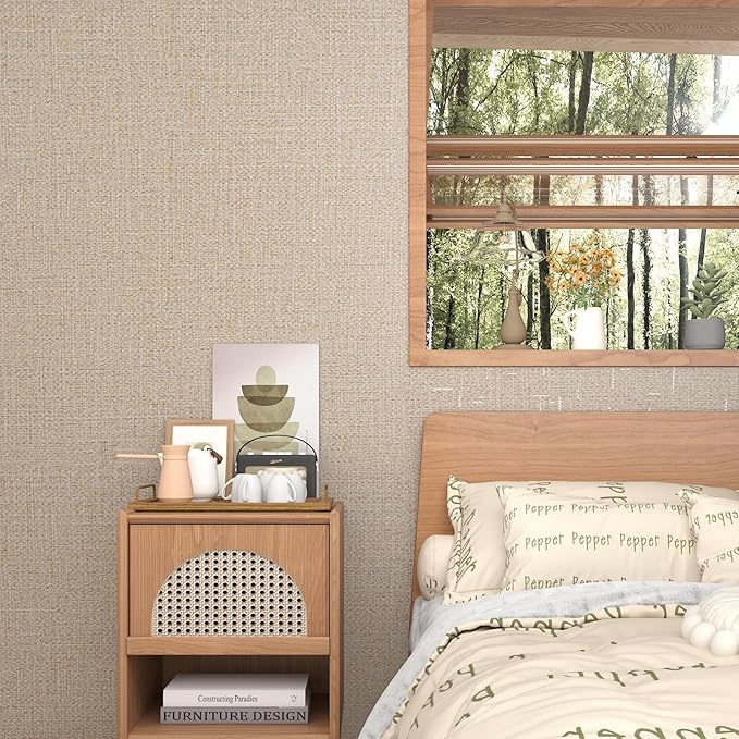 Beige Grasscloth Peel and Stick Wallpaper Prepasted Faux Grass Cloth Textured Wallpaper 15.7"x160" Removable Woven Linen Vinyl Wrap Waterproof Beige Contact Paper for Walls Living Room Shelf