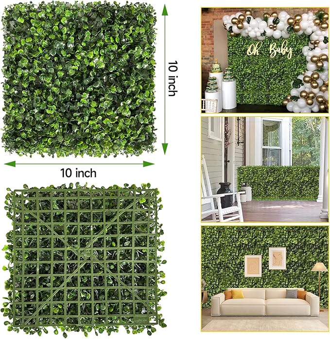 Artificial Grass Wall Panels, 12 PCS 10"x10" Boxwood Hedge Wall Panels with 100 Zip Ties, Boxwood Panels Backdrop for Outdoor Indoor Decorative Garden Fences Backyard Patio Privacy Hedge
