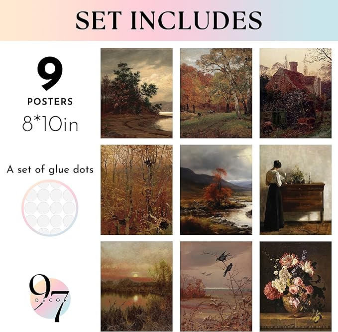 97 Decor Vintage Wall Art Decor - Vintage Fall Prints, Rustic Farmhouse Wall Decor, Neutral Autumn Landscape Pictures French Country Posters For Home Bedroom Living Room Decorations (8x10 Unframed)