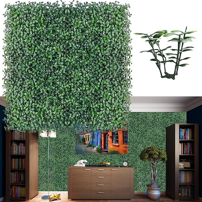 Artificial Boxwood Wall Panels: 20 X 20 in 8P UV-Anti Yellow-Green Color Faux Greenery Grass Wall Backdrop Panels for Indoor Outdoor Home Decor & Ivy Fence Covering Privacy
