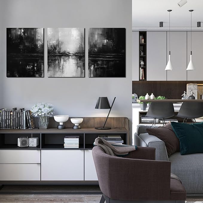 Abstract Painting Canvas Wall Art for Office,Black and White Wall Decor for Bedroom,3 Piece Wall Art Living Room 12 x 16 Inch Each Panel