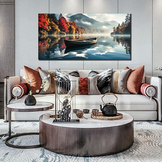 CANEITO View Wall Art for Living Room, Mountain Lake and Boat Wall-Decor for Bedroom, Natural Scenery Canvas Prints Pictures for Hallway Office, Size 59x29 Inches