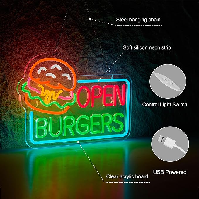 Burgers Open Neon Sign for Wall Décor Dimmable Business Hamburger Food Shop LED Neon Light USB Powered Neon Art Signs Decor