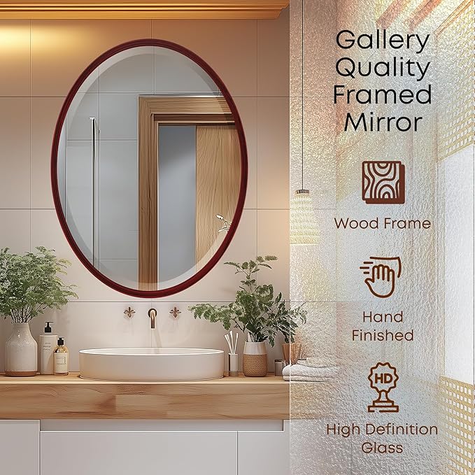 OVALCREST - Oval Wooden Beveled Wall Mirror for Home Decor, Bathroom, Vanity, Bedroom, Living Room, Hallway - London Style (Black Cherry) 25.1 x 19.1