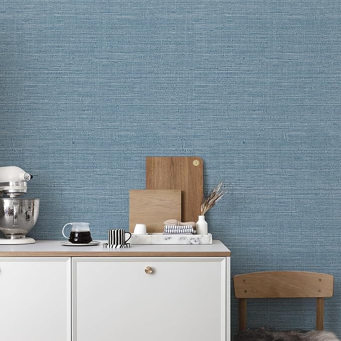 JiffDiff Grasscloth Wallpaper Peel and Stick Blue Grassweave Stick on Wallpaper Textured Self Adhesive Wall Paper Contact Paper 787" x 17.3"