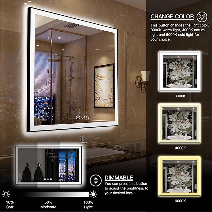 36x36 LED Vanity Mirror for Bathroom - Square Framed Dimmable Illuminated Mirror with Backlit and Front Light, Anti-Fog, Shatterproof, Memory, 3 Colors (Horizontal/Vertical)