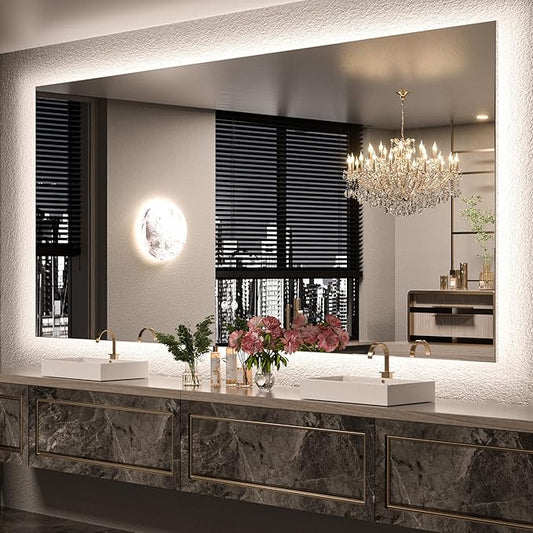 Keonjinn Backlit Mirror 84 x 40 Inch 3 Colors LED Bathroom Mirror with Lights, Large Stepless Dimmable Wall Mirror with UL Listed LED Driver, Shatterproof Tempered Glass, Anti-Fog LED Vanity Mirror