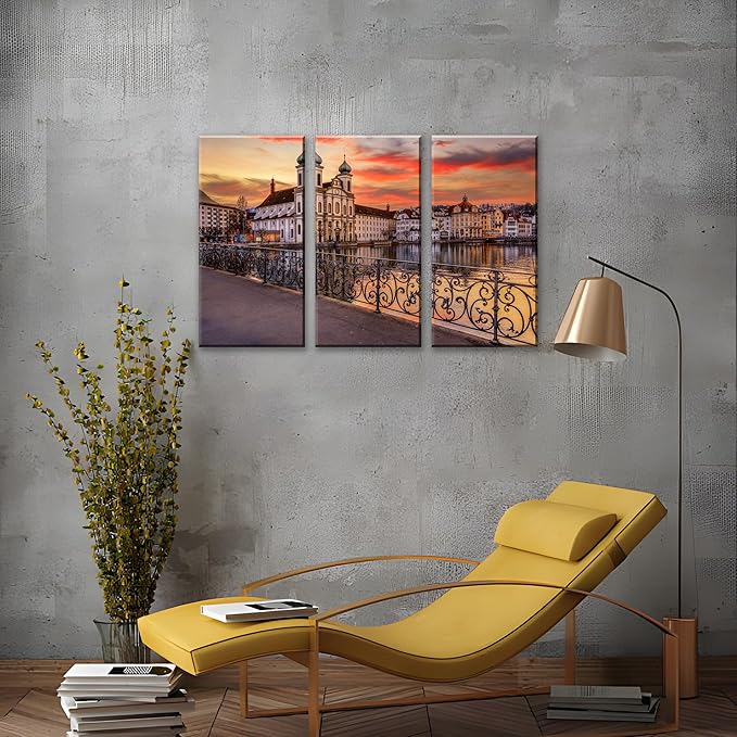 3Pcs European Cityscape Canvas Wall Art Scenic Sunset Over River Cathedral with Domes Lucerne-Inspired Architecture Romantic Travel Destination Decorative Framed Artwork for Living Rooms Bedrooms
