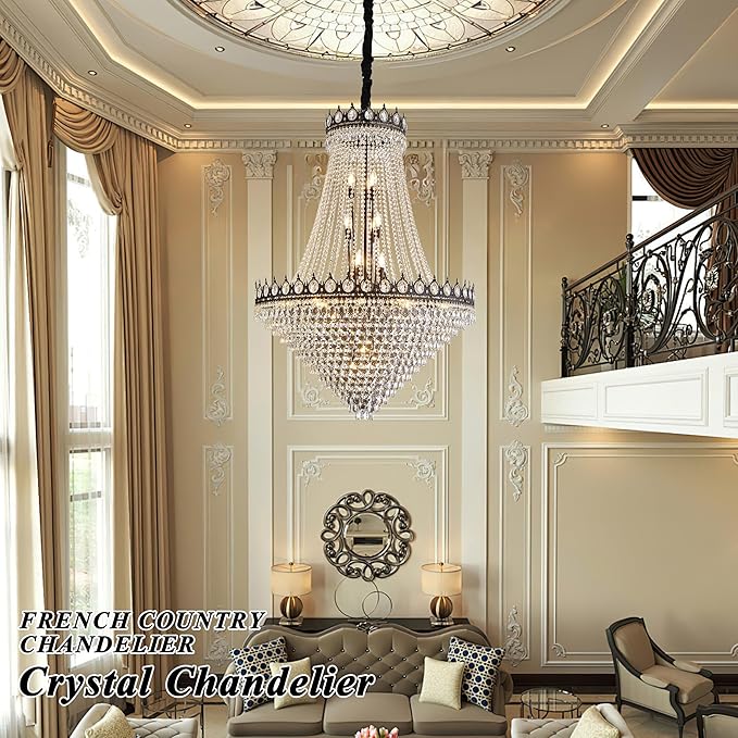 KoKo&Yukina 32" French Empire Crystals Chandelier 26 Light Black Crystal Chandeliers Modern Black Crystal Chandelier Round Large High Ceiling Sloped Hanging Light Fixtures for Hallway Staircase