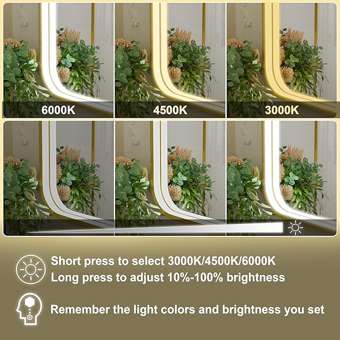 24x32 Inch Gold LED Bathroom Mirror with Lights, 3000K/4500K/6000K, Lighted Bathroom Vanity Mirror, Wall Mounted, Stepless Dimmable, Memory Funtion, Anti-Fog, Horizontal/Vertical