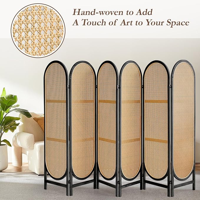 6 Panels Room Dividers, Hand-Woven Rattan Room Divider Panel and Folding Privacy Screens, Wood Room Divider Wall Freestanding Room Partitions Screen for Home Office Bedroom, Light Brown