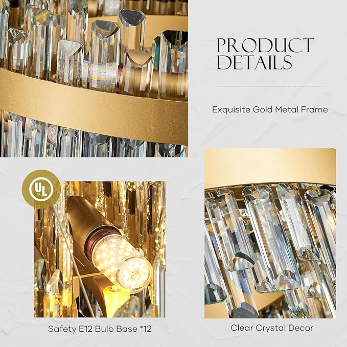 21.7" Gold Modern Crystal Chandelier Light Fixtures Luxury 2 Rings Crystal Chandeliers for Dining Room 12-Light Round Hanging Pendant Lighting for Living Room Kitchen Island Entryway Bedroom