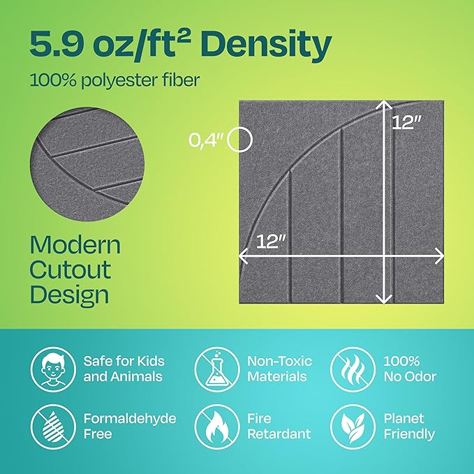 Acoustic Panels 12-Pack Soundproof Wall Panels 12"x12"x0.4" Decorative Sound Dampening for Your Home, Office, Studio, Bedroom & More with Unique ModuArc Carving [Pebble Gray]