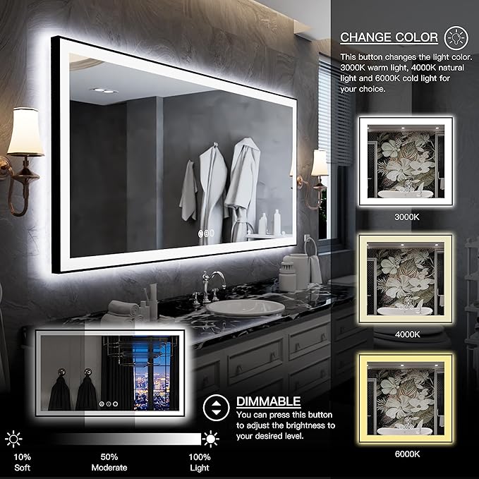 LED Mirror for Bathroom - Framed Dimmable Vanity Mirror with Backlit & Front Light, Anti-Fog, Shatterproof, Memory, 3 Colors (Horizontal/Vertical) 60x30