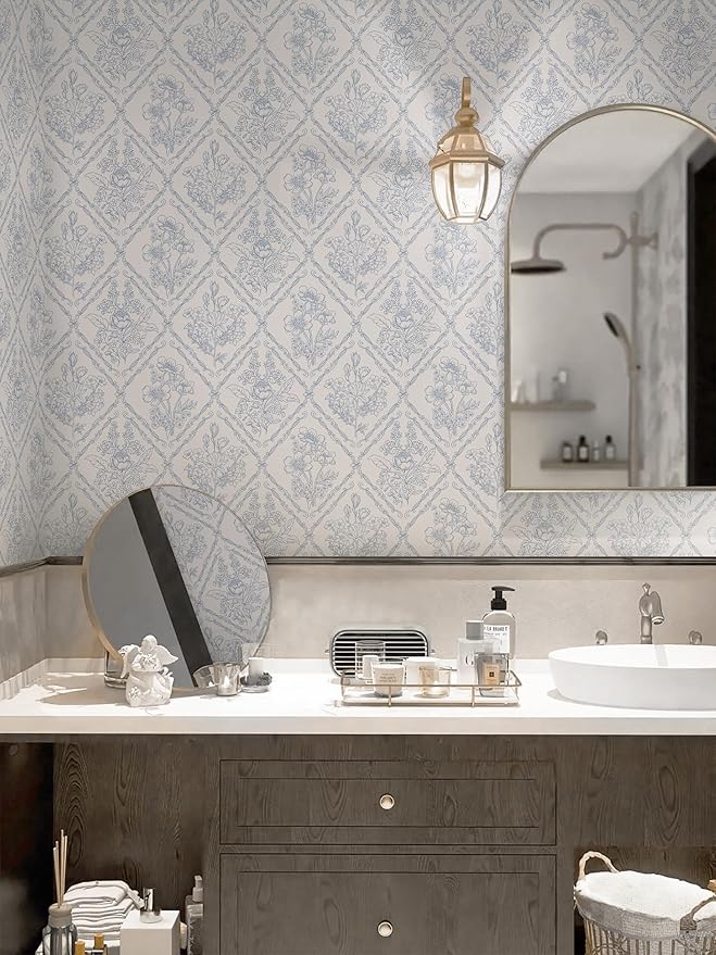 Kitico Peel and Stick Wallpaper Vintage Boho Wallpaper Blue and Beige Contact Paper Floral Removable Waterproof Wall Paper for Bathroom/Bedroom Self Adhesive for Cabinets Vinyl 17.3''x137.8''