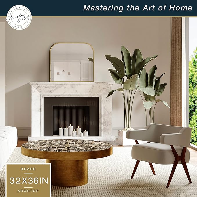 MCS Master & Co. Modern Metal Large Wall Mirror, Minimalist Home Decor Mantle Arch Mirror for Living Room, Bedroom, or Bathroom, 36 by 32 Inch, Brass