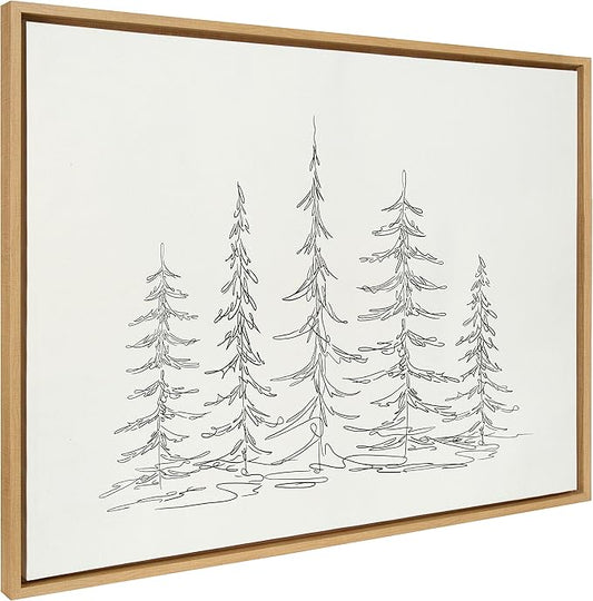 Kate and Laurel Sylvie Minimalist Evergreen Trees Sketch Framed Canvas Wall Art by The Creative Bunch Studio, 28x38 Natural, Modern Minimal Tree Line Wall Art