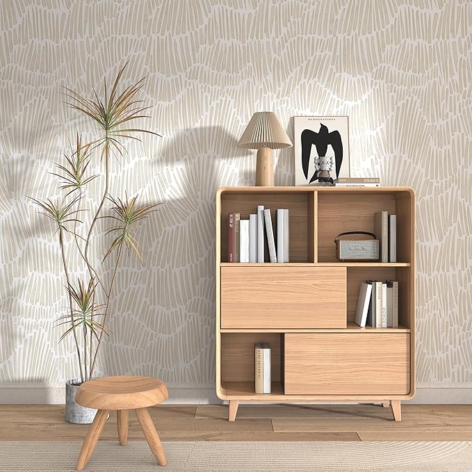 Beige Striped Wall Paper Peel and Stick Wallpaper Modern 17.3"×787" Boho Removable Self Adhesive Wallpaper for Bedroom Waterproof White and Gold Contact Paper for Home Vinyl