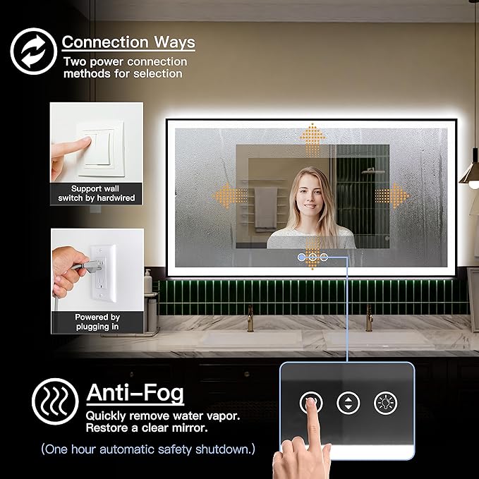 LED Bathroom Mirror 51x40 with Backlit and Front Lighted, Framed Dimmable Illuminated Mirror for Wall Anti-Fog Shatterproof (Horizontal/Vertical)
