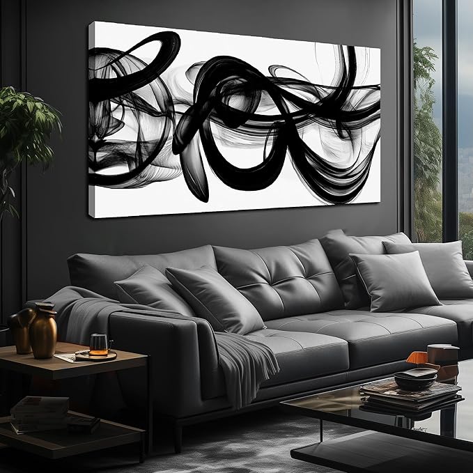 Abstract Canvas Wall Art for Living Large Size,Black and White Pictures for Wall.Black Home Office Wall Decor Ready to Hang 29 x 58 Inch