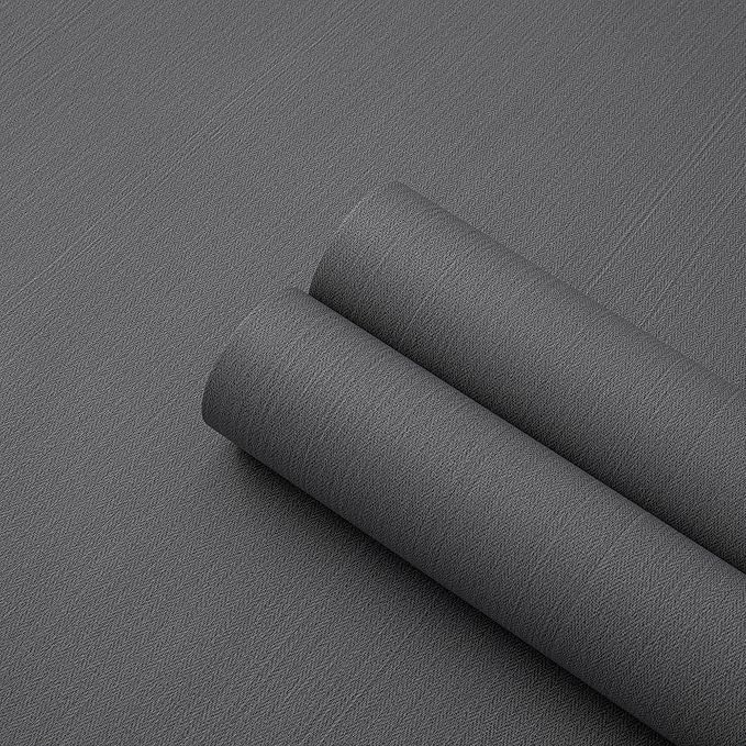 24"x393" Grey Grasscloth Peel and Stick Fabric Textured Contact Paper Linen Wallpaper Vintage Matte Frosted Waterproof Flax Wallpaper for Bedroom Bathroom Kitchen (Dark Gray)